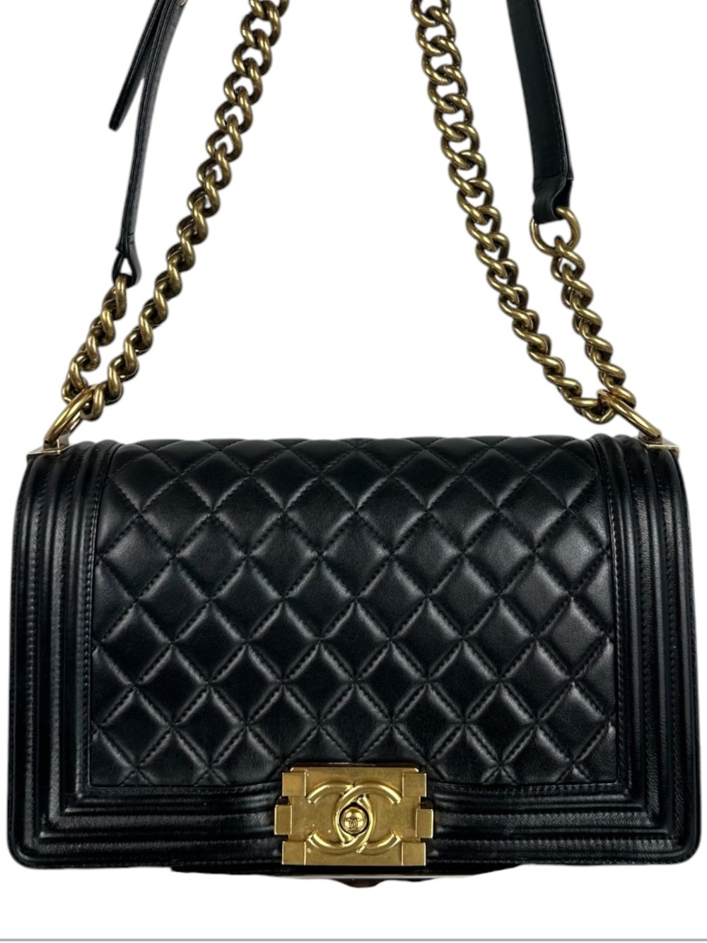 CHANEL BOY LEATHER flap Bag BLK Medium SHW